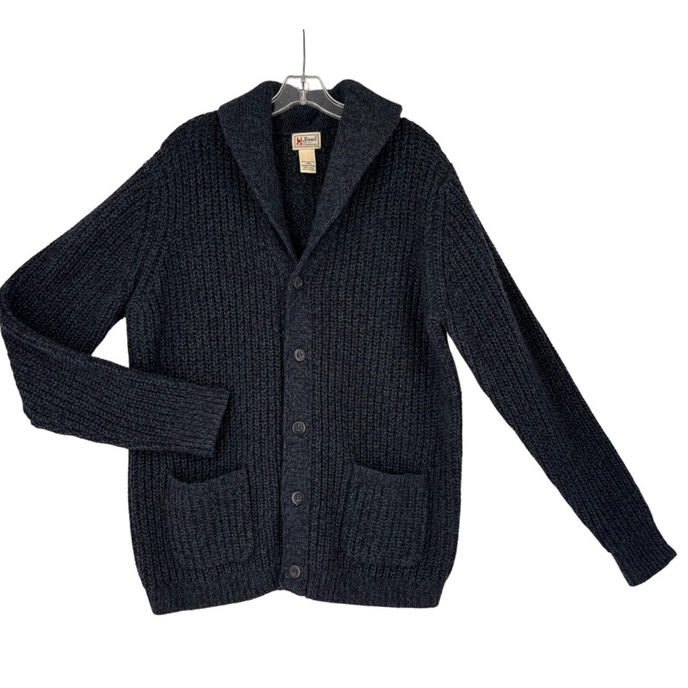 LL Bean Cardigan Sweater Mens Large 100% Lambswool Grandpacore Ribbed Knit - Picture 2 of 10